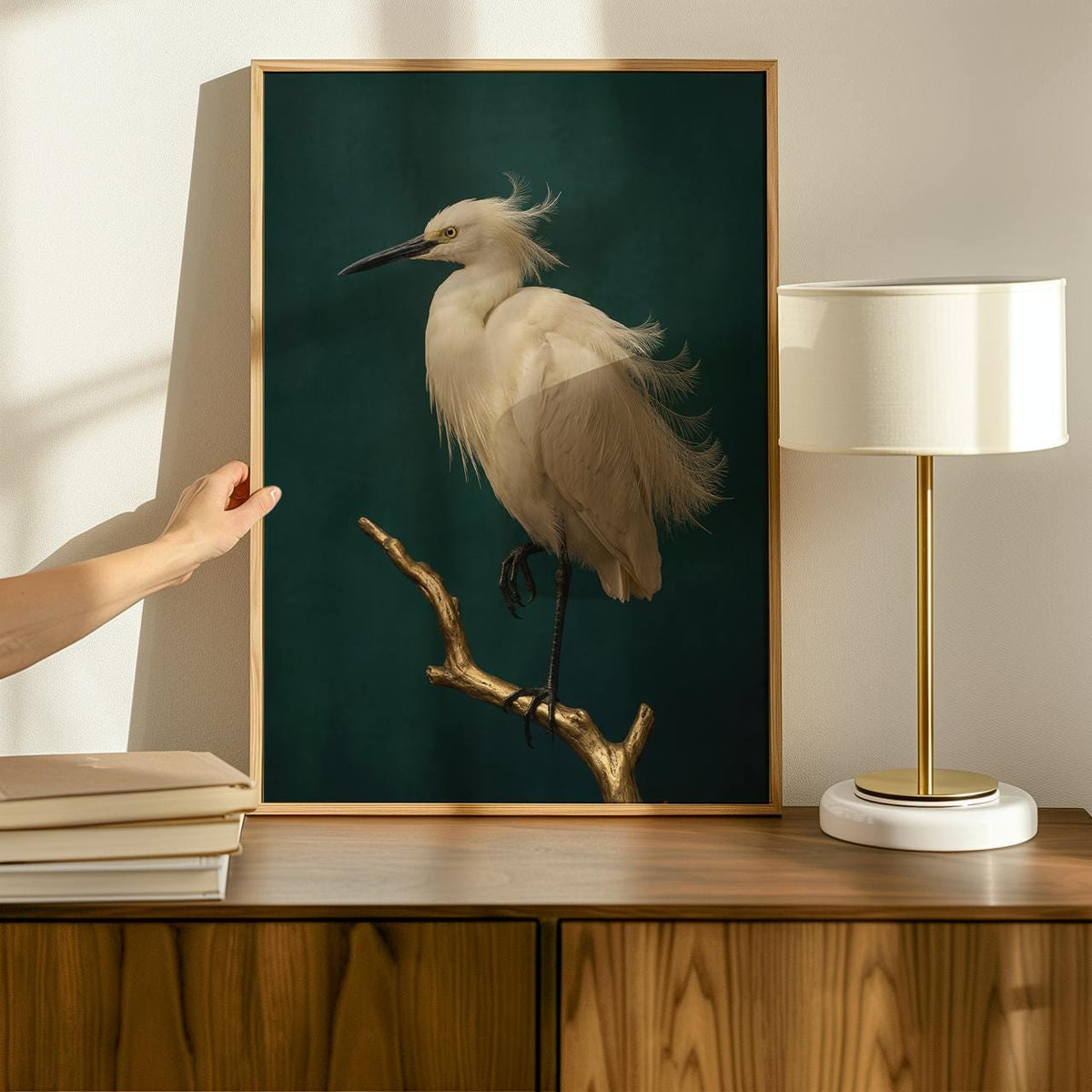 Framed Minimalist White Crane Canvas Print, Japandi Bird Wall Art On Dark Green, Vintage Nature Decor For Zen Living Spa