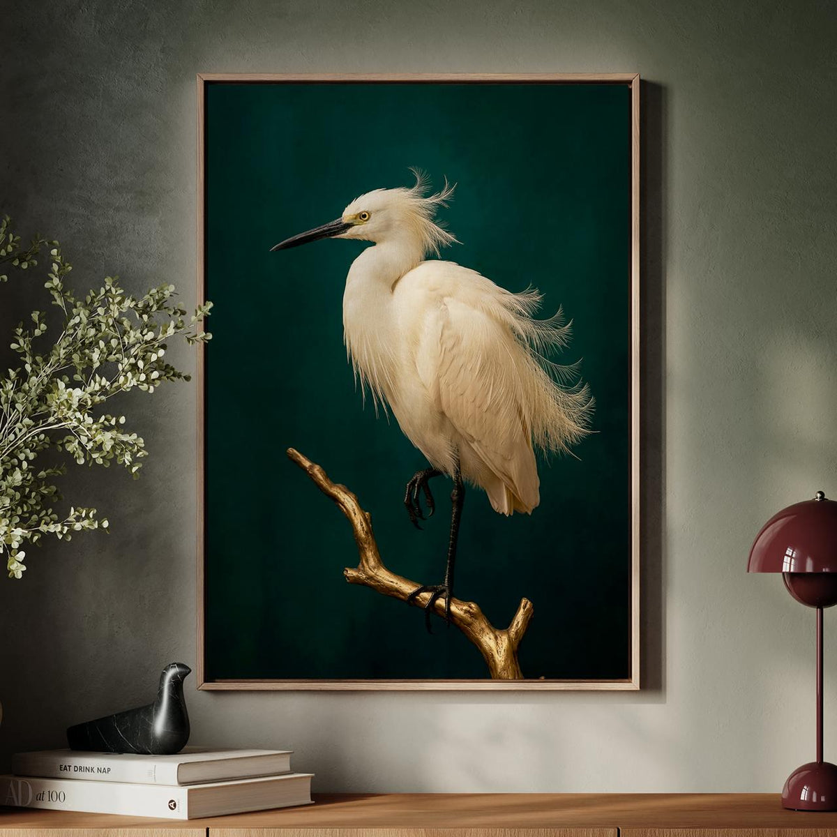 Framed Minimalist White Crane Canvas Print, Japandi Bird Wall Art On Dark Green, Vintage Nature Decor For Zen Living Spa