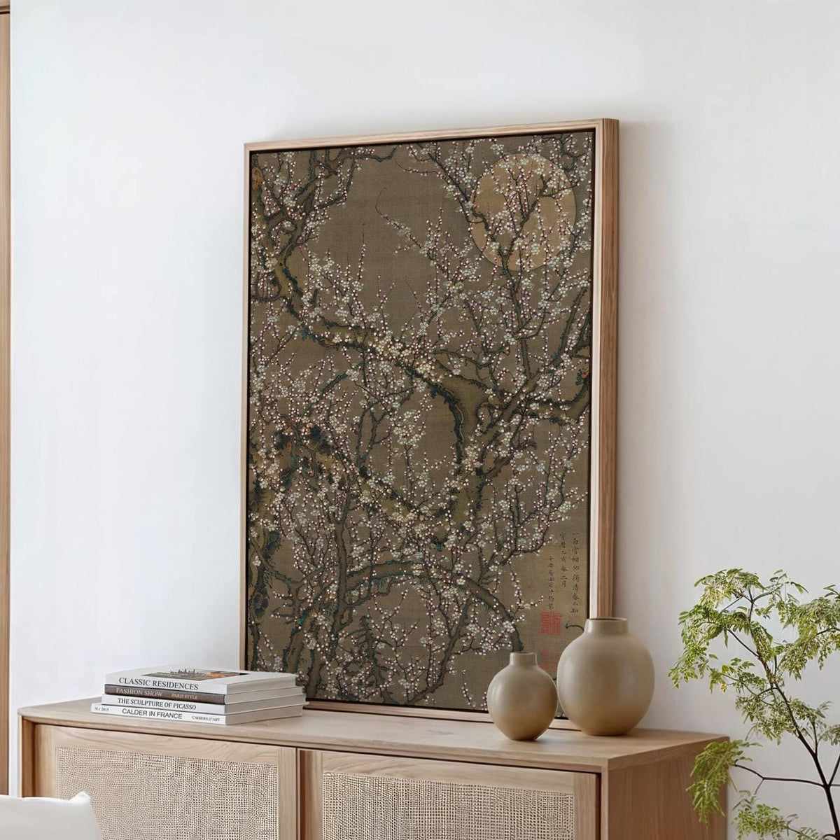 Ito Jakuchu, White Plum Blossoms and Moon (1755) - Edo Period Print, Minimalist Night Blossom, Canvas Wall Art Decor