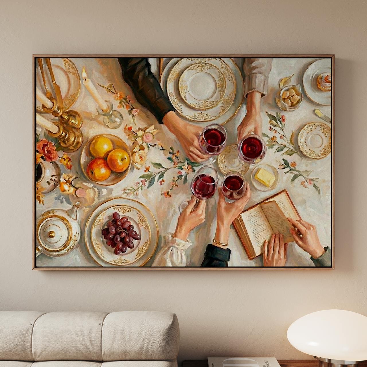 Elegant Dinner Cheers Wall Art, Large Festive Celebration Canvas Print, Cozy Family Toast Decor For Dining Room, Kitchen