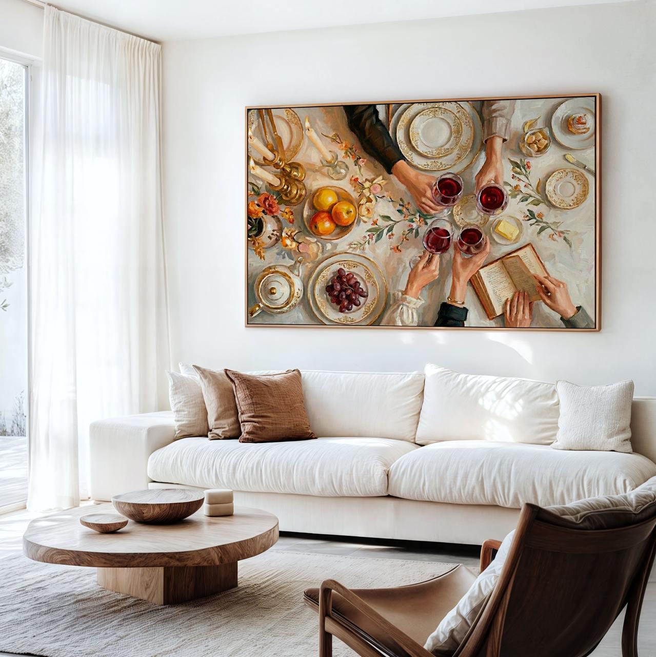 Elegant Dinner Cheers Wall Art, Large Festive Celebration Canvas Print, Cozy Family Toast Decor For Dining Room, Kitchen