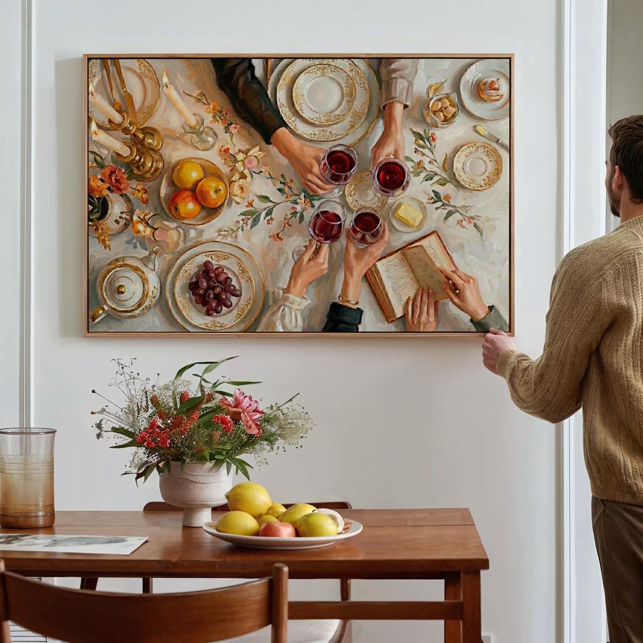 Elegant Dinner Cheers Wall Art, Large Festive Celebration Canvas Print, Cozy Family Toast Decor For Dining Room, Kitchen