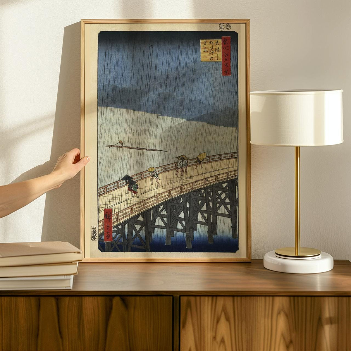 Utagawa Hiroshige, Sudden Shower over Shin-Ōhashi Bridge and Atake (1857) - Japanese Woodblock Print, Rain Scene Wall Ar