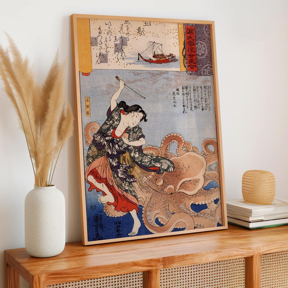Utagawa Kuniyoshi, Tamakatzura Tamatori Attacked by the Octopus (1845-46) - Japanese Mythological Woodblock Print, Ukiyo