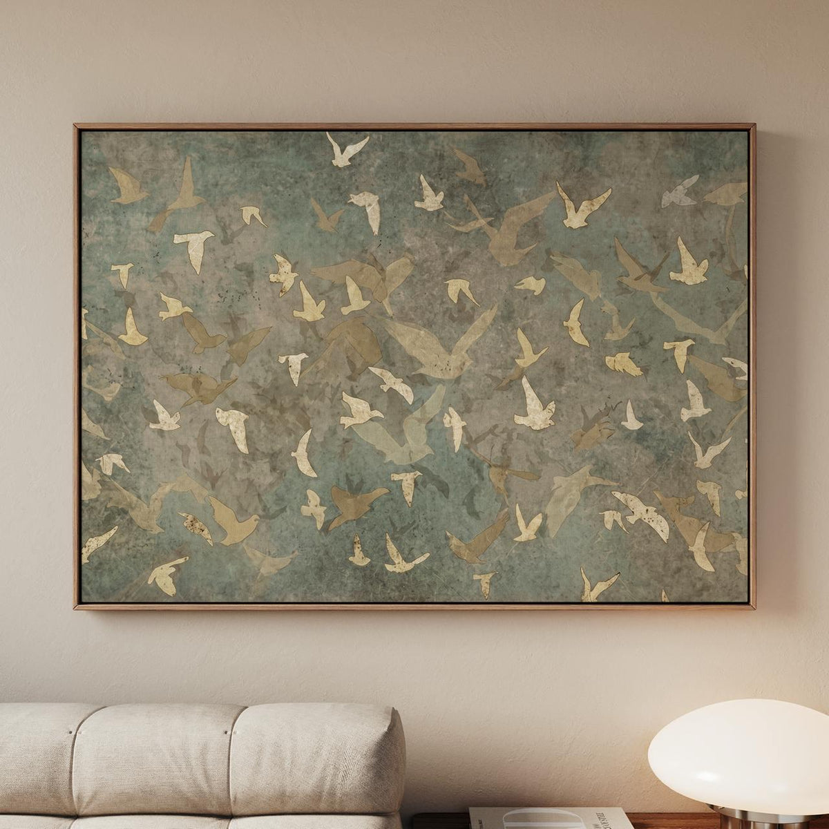 Framed Flock Of Birds Canvas Print, Oversized Minimalist Silhouette Wall Art, Neutral Boho Nature Decor Living Room, ART