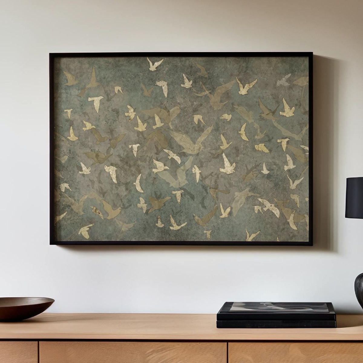 Framed Flock Of Birds Canvas Print, Oversized Minimalist Silhouette Wall Art, Neutral Boho Nature Decor Living Room, ART