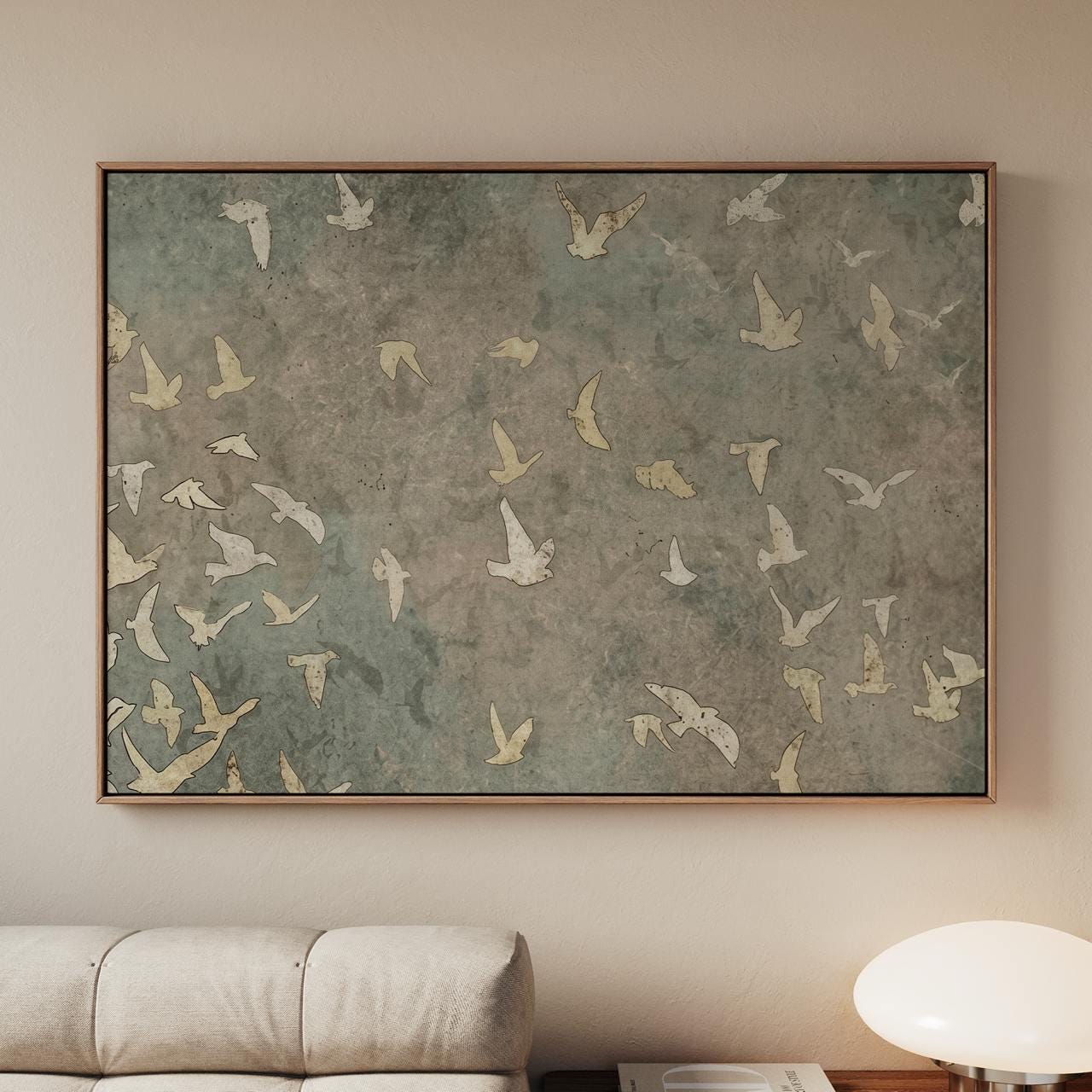 Minimalist Flying Birds Silhouette Poster, Large Neutral Canvas Wall Art, Abstract Vintage Farmhouse Living Decor, ART16
