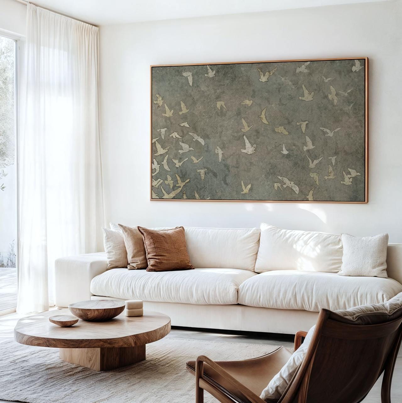 Minimalist Flying Birds Silhouette Poster, Large Neutral Canvas Wall Art, Abstract Vintage Farmhouse Living Decor, ART16
