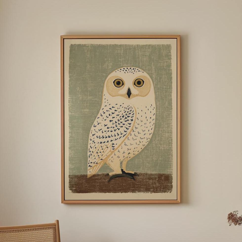 Vintage Japanese Owl Artwork, Mid Century Woodblock Animal Print, Minimalist Bird Nature Decor, ART128