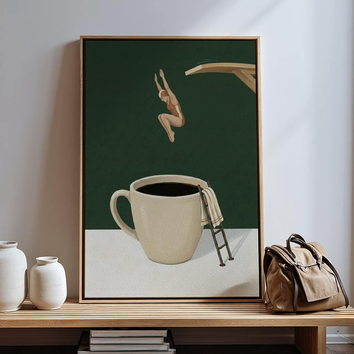 Funny Coffee Diver Wall Art, Cute Coffee Shop Poster, Kitchen Coffee Themed Decor, Bar Cart Coffee Print, ART237