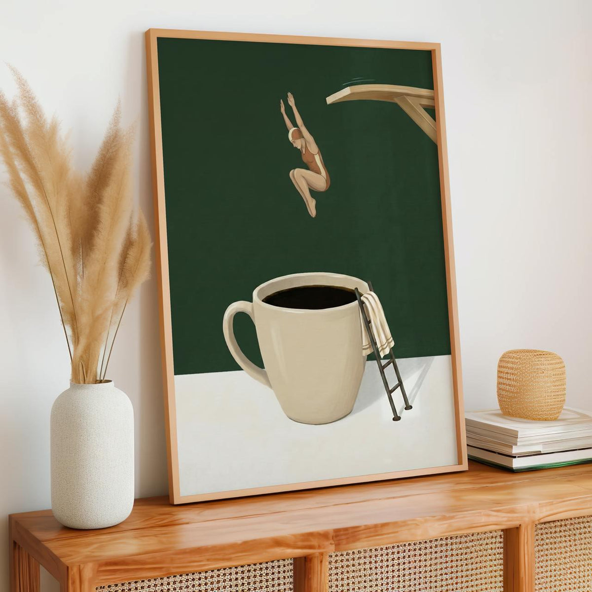 Funny Coffee Diver Wall Art, Cute Coffee Shop Poster, Kitchen Coffee Themed Decor, Bar Cart Coffee Print, ART237