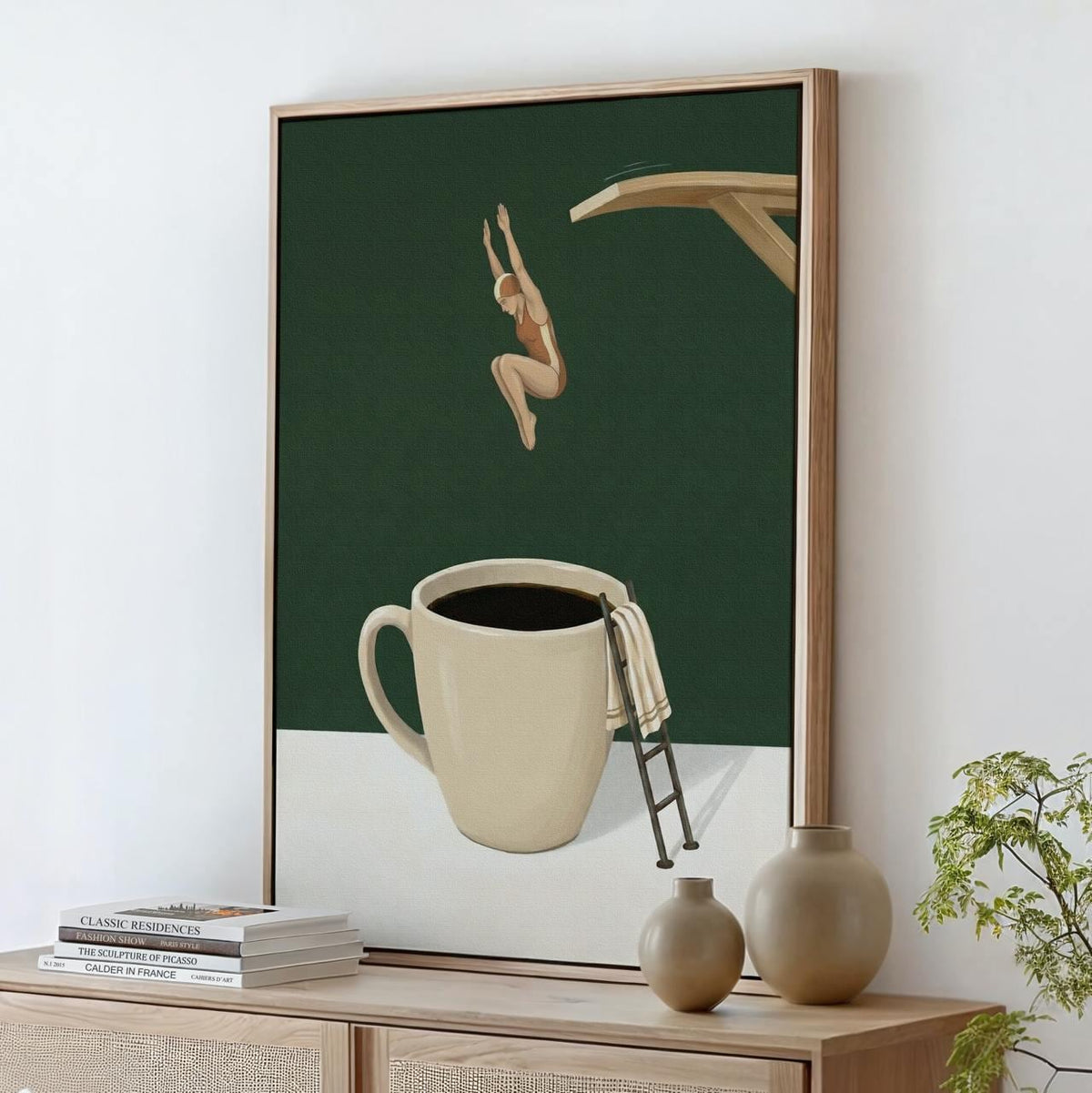 Funny Coffee Diver Wall Art, Cute Coffee Shop Poster, Kitchen Coffee Themed Decor, Bar Cart Coffee Print, ART237
