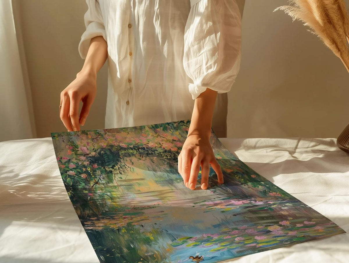 Monet Style Pastel Oil Painting Print, French Country Floral Wall Decor, Impressionist Water Lily Vintage Art, ART214