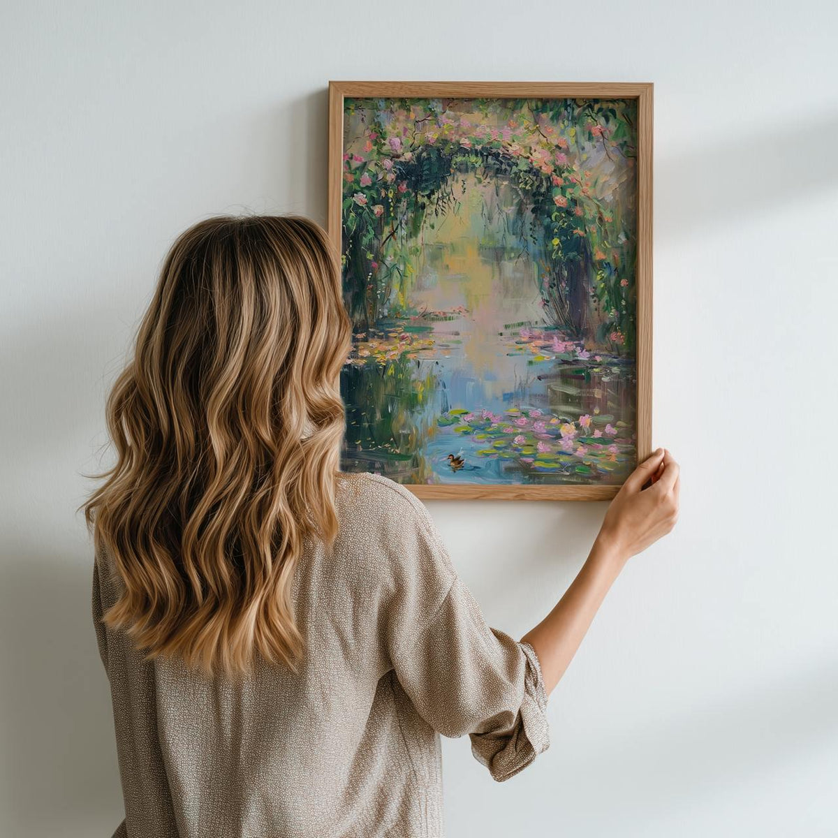 Monet Style Pastel Oil Painting Print, French Country Floral Wall Decor, Impressionist Water Lily Vintage Art, ART214