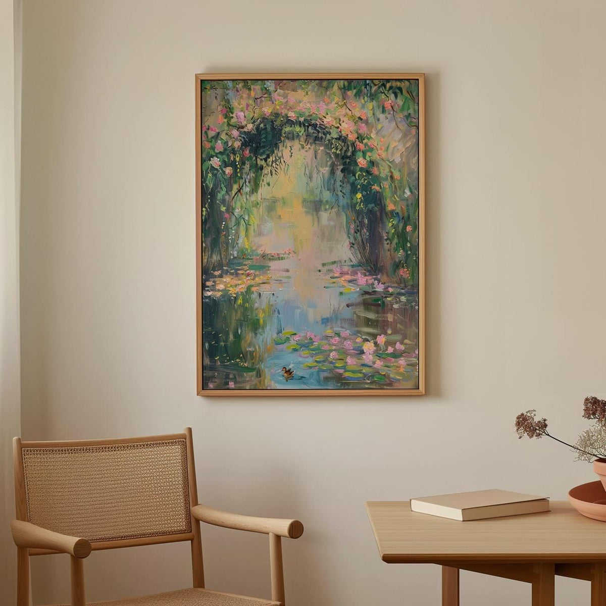 Monet Style Pastel Oil Painting Print, French Country Floral Wall Decor, Impressionist Water Lily Vintage Art, ART214