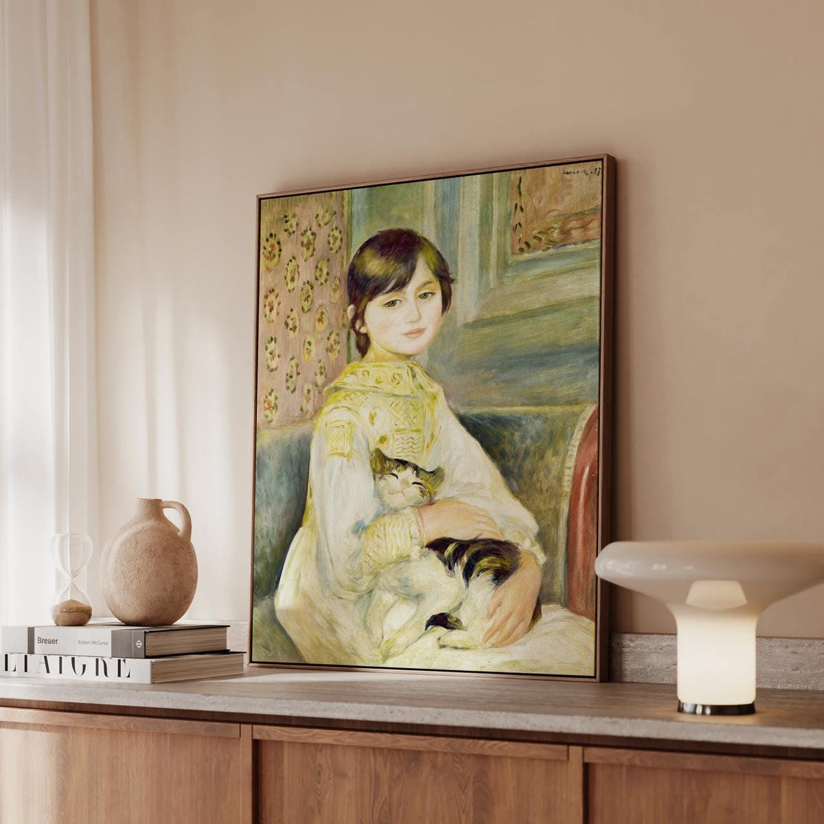 Pierre-Auguste Renoir, Julie Manet with Cat (1887) - Impressionist Child Portrait, Elegant Interior Scene, Decorative Wa