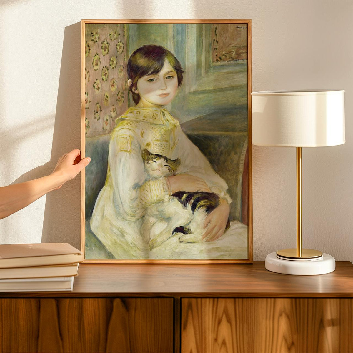 Pierre-Auguste Renoir, Julie Manet with Cat (1887) - Impressionist Child Portrait, Elegant Interior Scene, Decorative Wa