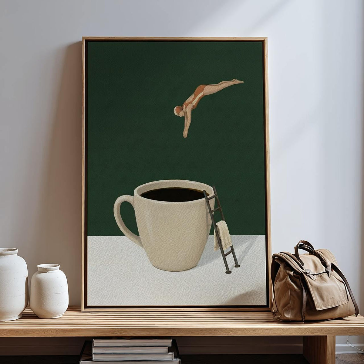 Whimsical Coffee Diver Art Print, Humorous Coffee Enthusiast Gift, Coffee Lover Kitchen Decor Poster, ART237