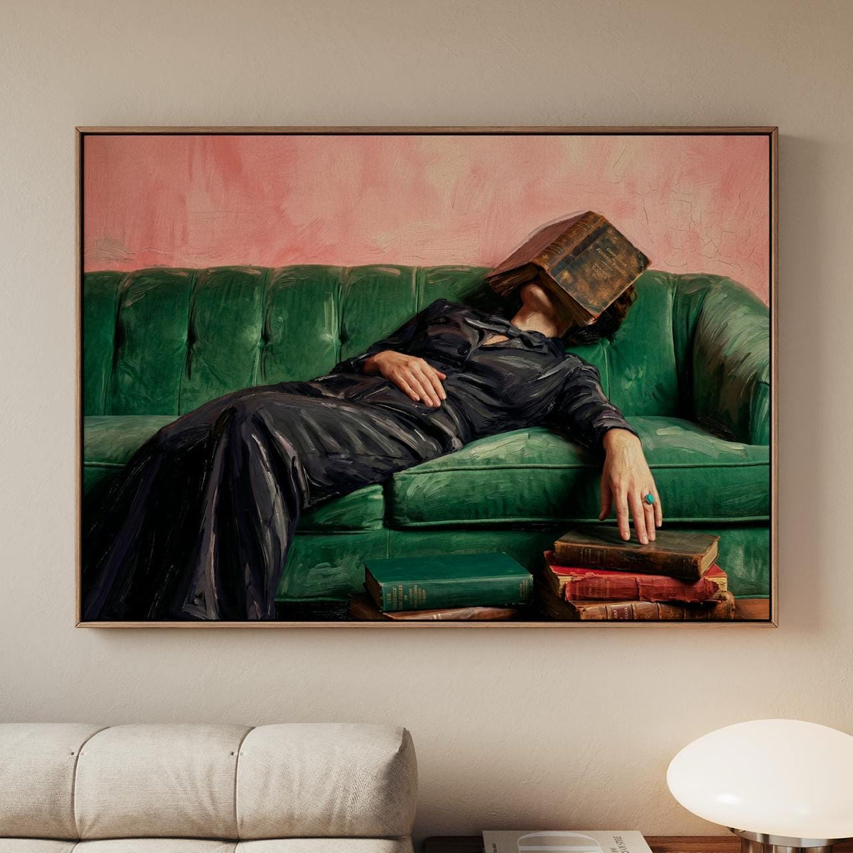 Cozy Woman Reading Couch Art, Vintage Inspired Oil Style, Quirky Home Decor, Maximalist Lounge Gift, ART262