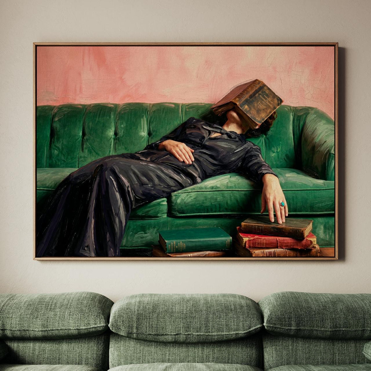 Cozy Woman Reading Couch Art, Vintage Inspired Oil Style, Quirky Home Decor, Maximalist Lounge Gift, ART262