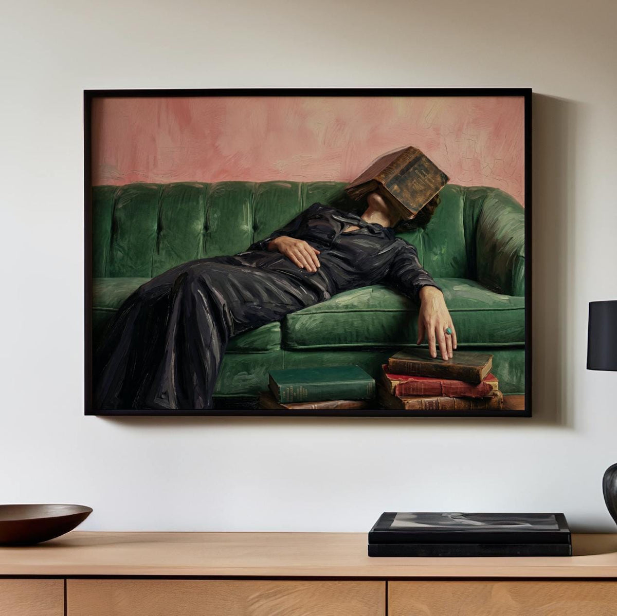 Cozy Woman Reading Couch Art, Vintage Inspired Oil Style, Quirky Home Decor, Maximalist Lounge Gift, ART262