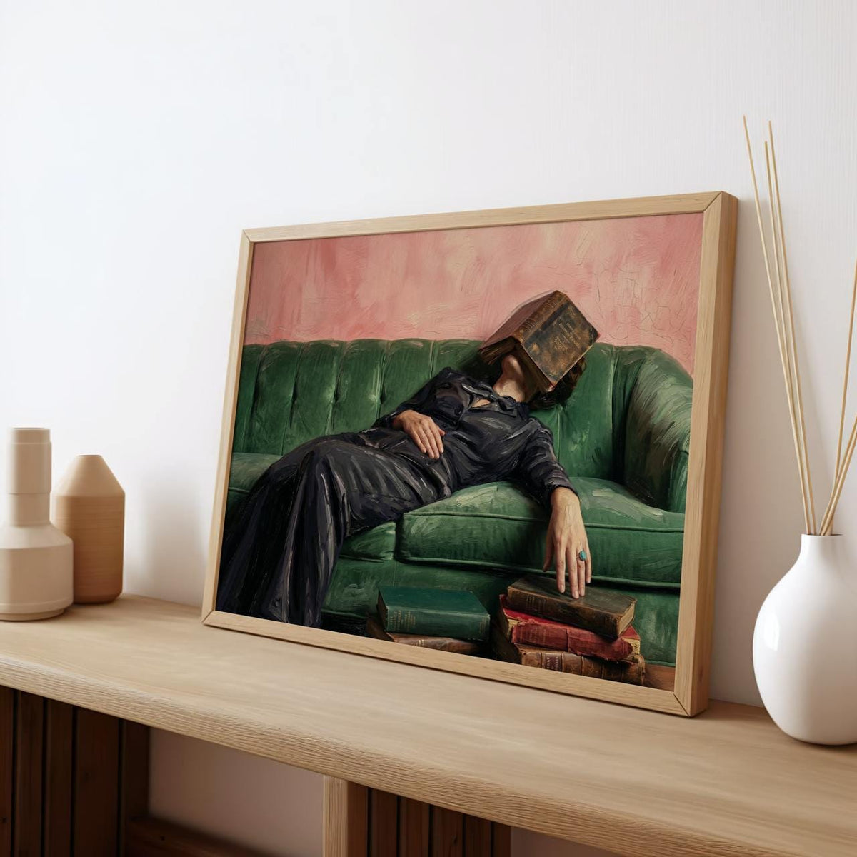 Cozy Woman Reading Couch Art, Vintage Inspired Oil Style, Quirky Home Decor, Maximalist Lounge Gift, ART262