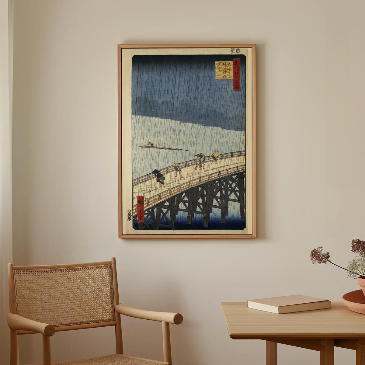 Utagawa Hiroshige, Sudden Shower over Shin-Ōhashi Bridge and Atake (1857) - Japanese Woodblock Print, Rain Scene Wall Ar
