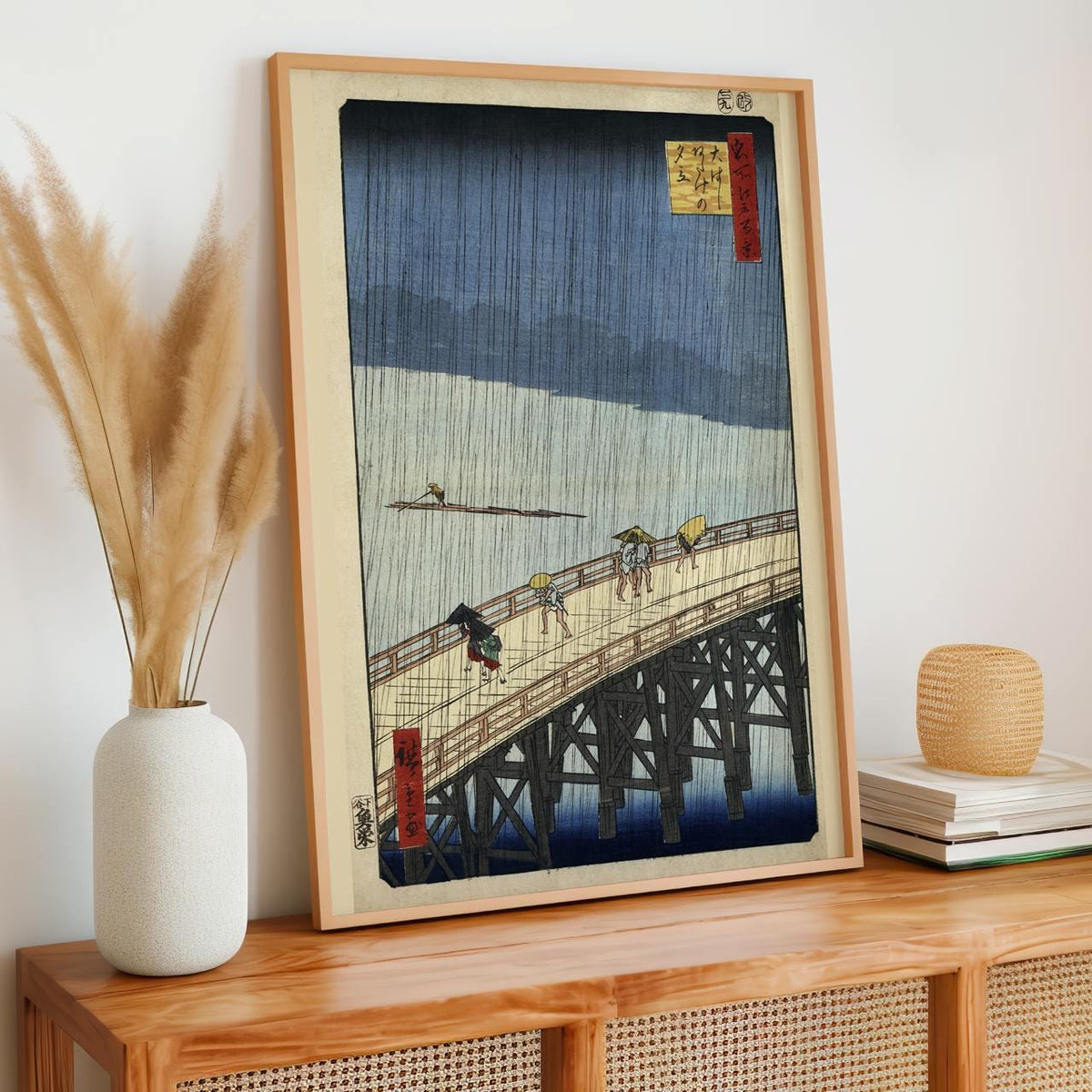 Utagawa Hiroshige, Sudden Shower over Shin-Ōhashi Bridge and Atake (1857) - Japanese Woodblock Print, Rain Scene Wall Ar