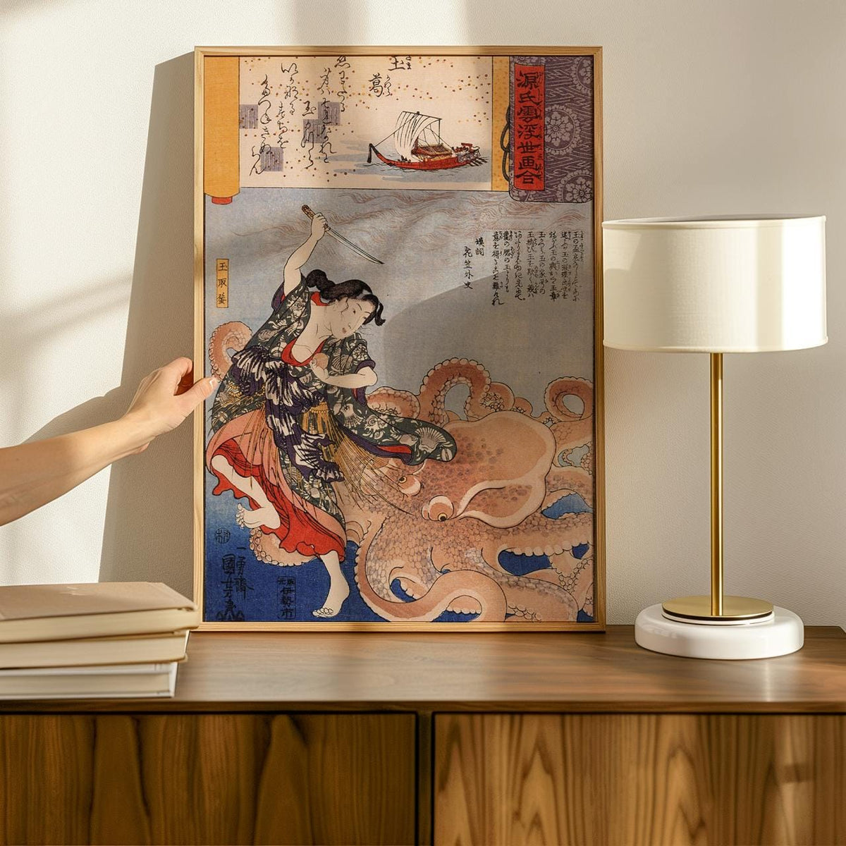 Utagawa Kuniyoshi, Tamakatzura Tamatori Attacked by the Octopus (1845-46) - Japanese Mythological Woodblock Print, Ukiyo