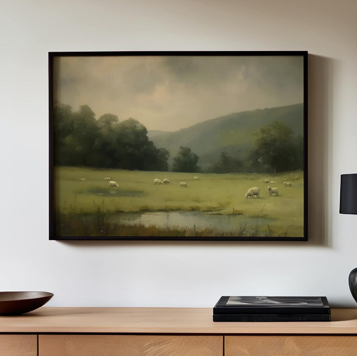 By Still Waters Christian Unframed Art Print, Sheep in Pasture Psalm 23 Inspired Landscape Wall Art, Paper or Canvas, AR