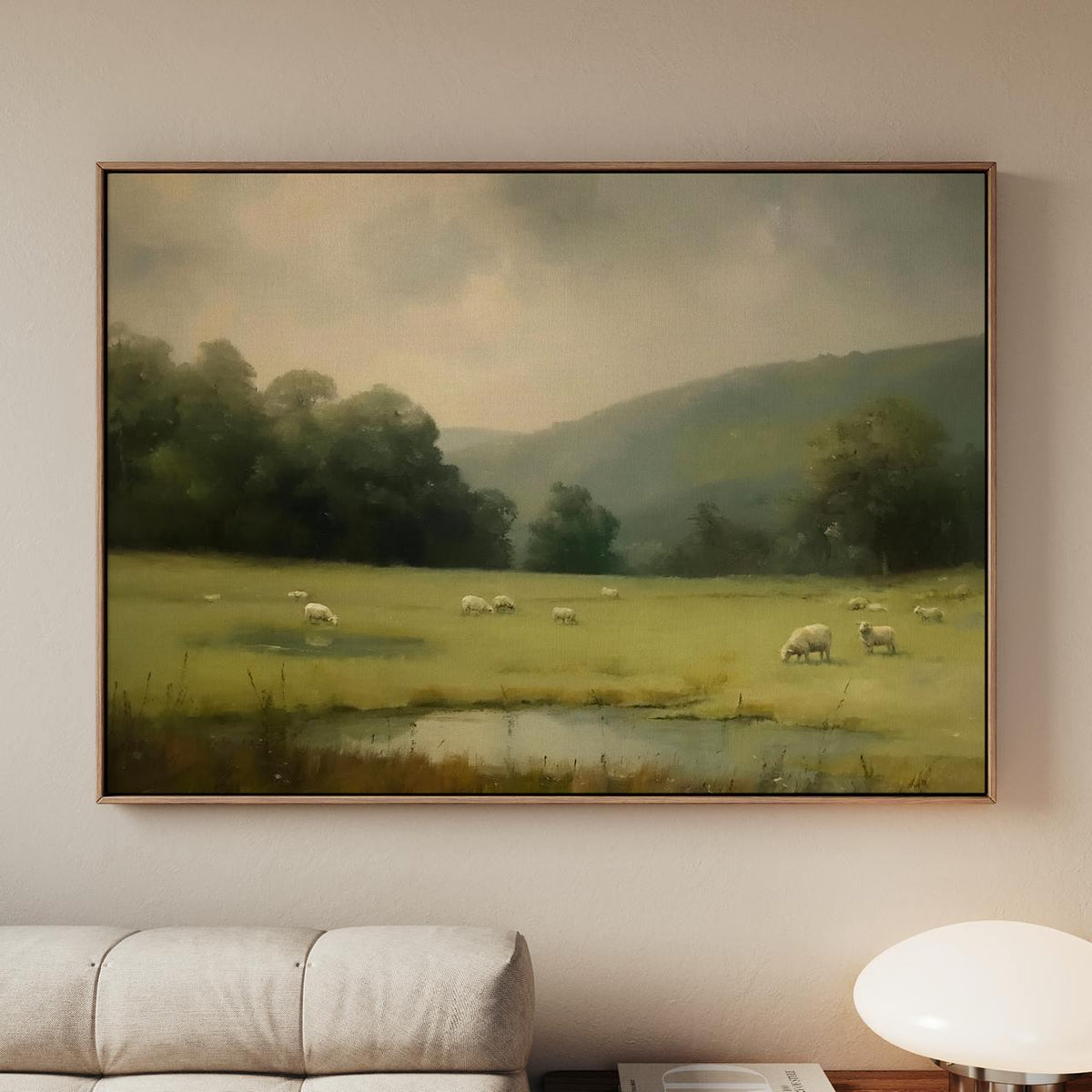 By Still Waters Christian Unframed Art Print, Sheep in Pasture Psalm 23 Inspired Landscape Wall Art, Paper or Canvas, AR