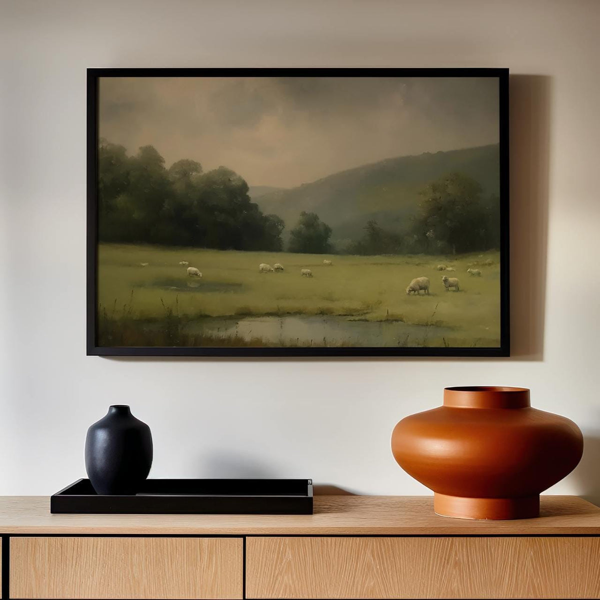By Still Waters Christian Unframed Art Print, Sheep in Pasture Psalm 23 Inspired Landscape Wall Art, Paper or Canvas, AR
