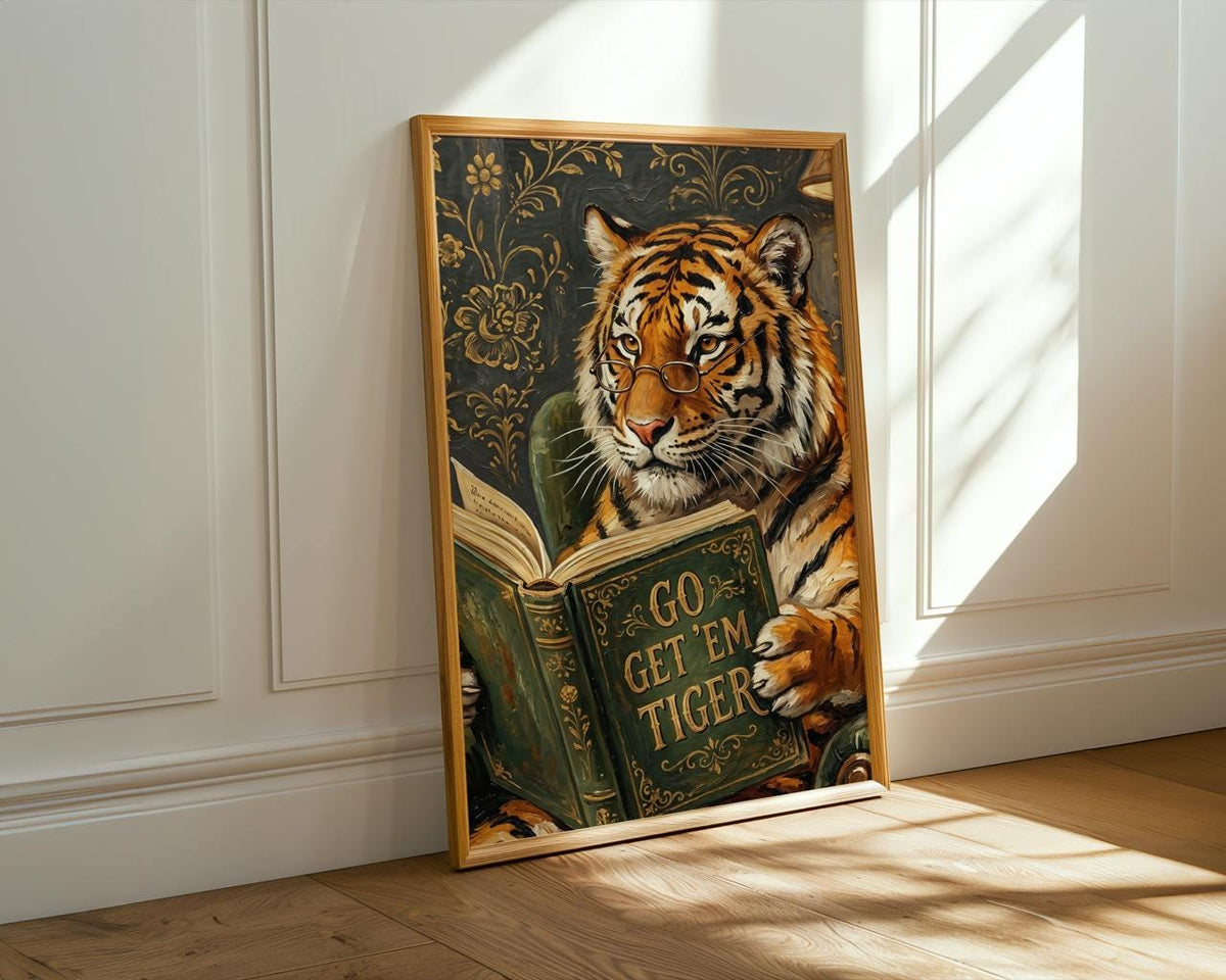 Motivational Tiger Reading Print, Humorous Bookworm Wall Art, Library Office Study Decor, Inspirational Animal Poster, A