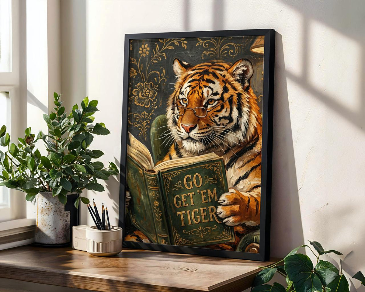 Motivational Tiger Reading Print, Humorous Bookworm Wall Art, Library Office Study Decor, Inspirational Animal Poster, A