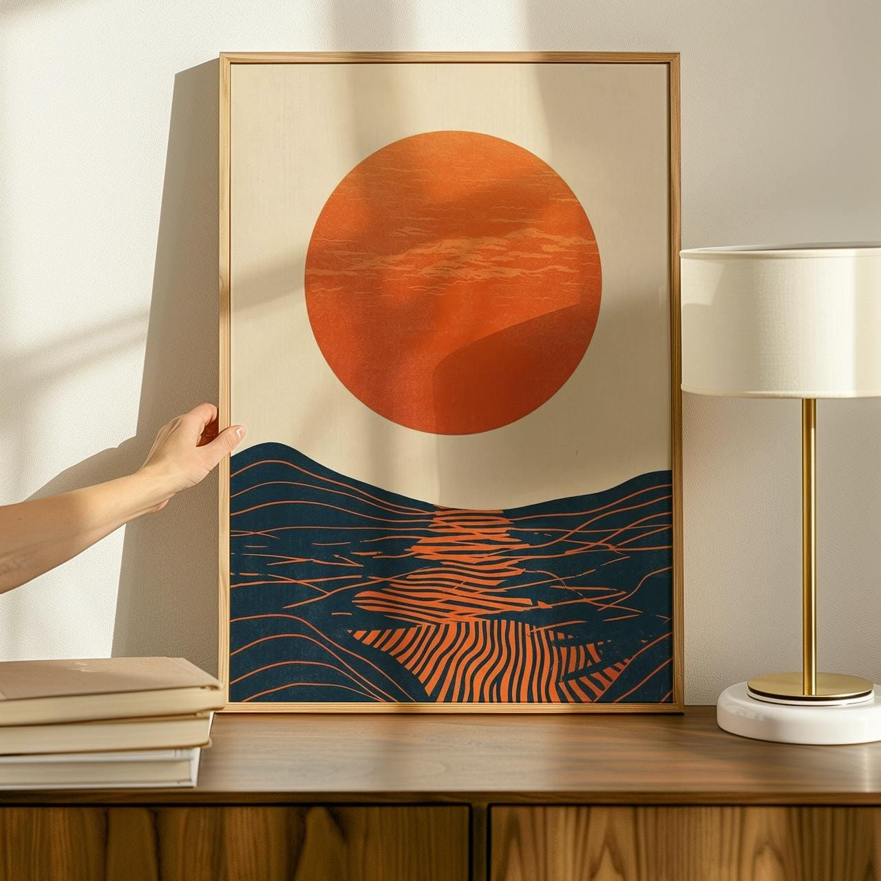Mid Century Modern Sun Wall Art, Framed Bauhaus Canvas Print, Abstract Wave Geometric Poster Minimalist Living Room Deco