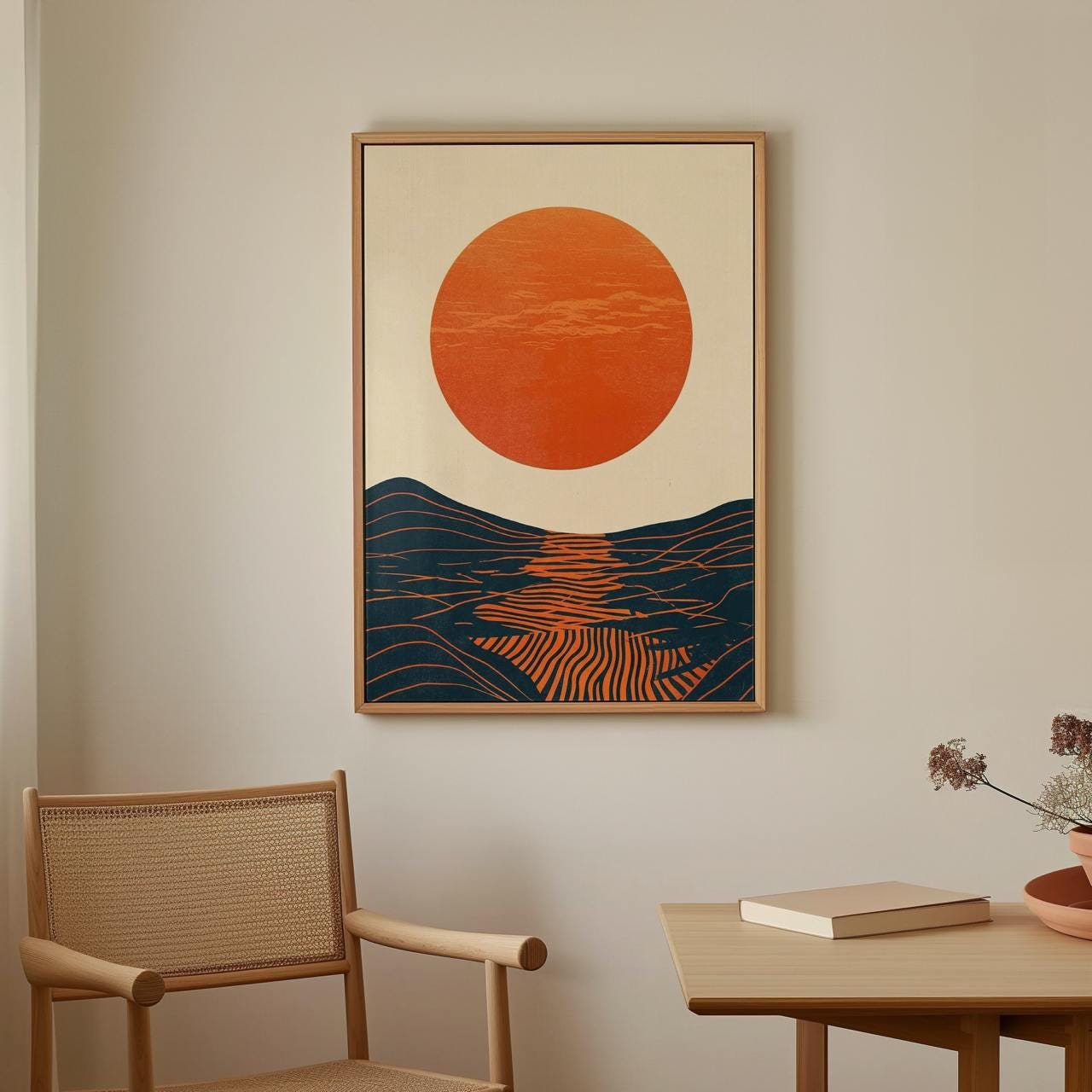 Mid Century Modern Sun Wall Art, Framed Bauhaus Canvas Print, Abstract Wave Geometric Poster Minimalist Living Room Deco