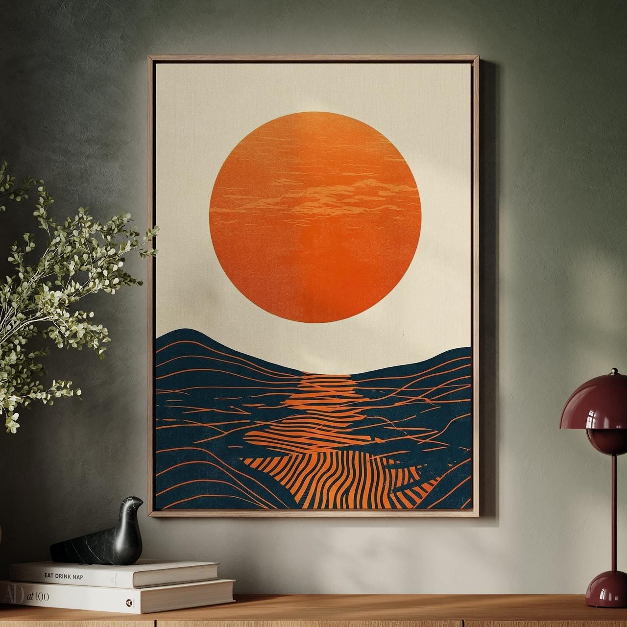 Mid Century Modern Sun Wall Art, Framed Bauhaus Canvas Print, Abstract Wave Geometric Poster Minimalist Living Room Deco