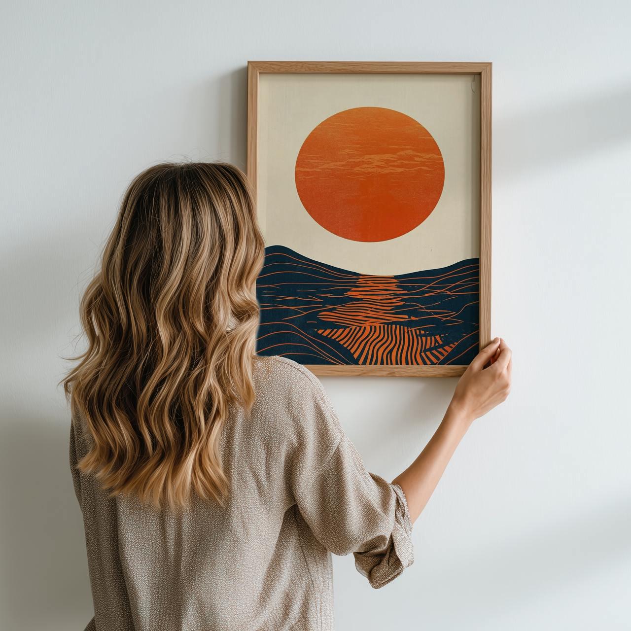 Mid Century Modern Sun Wall Art, Framed Bauhaus Canvas Print, Abstract Wave Geometric Poster Minimalist Living Room Deco
