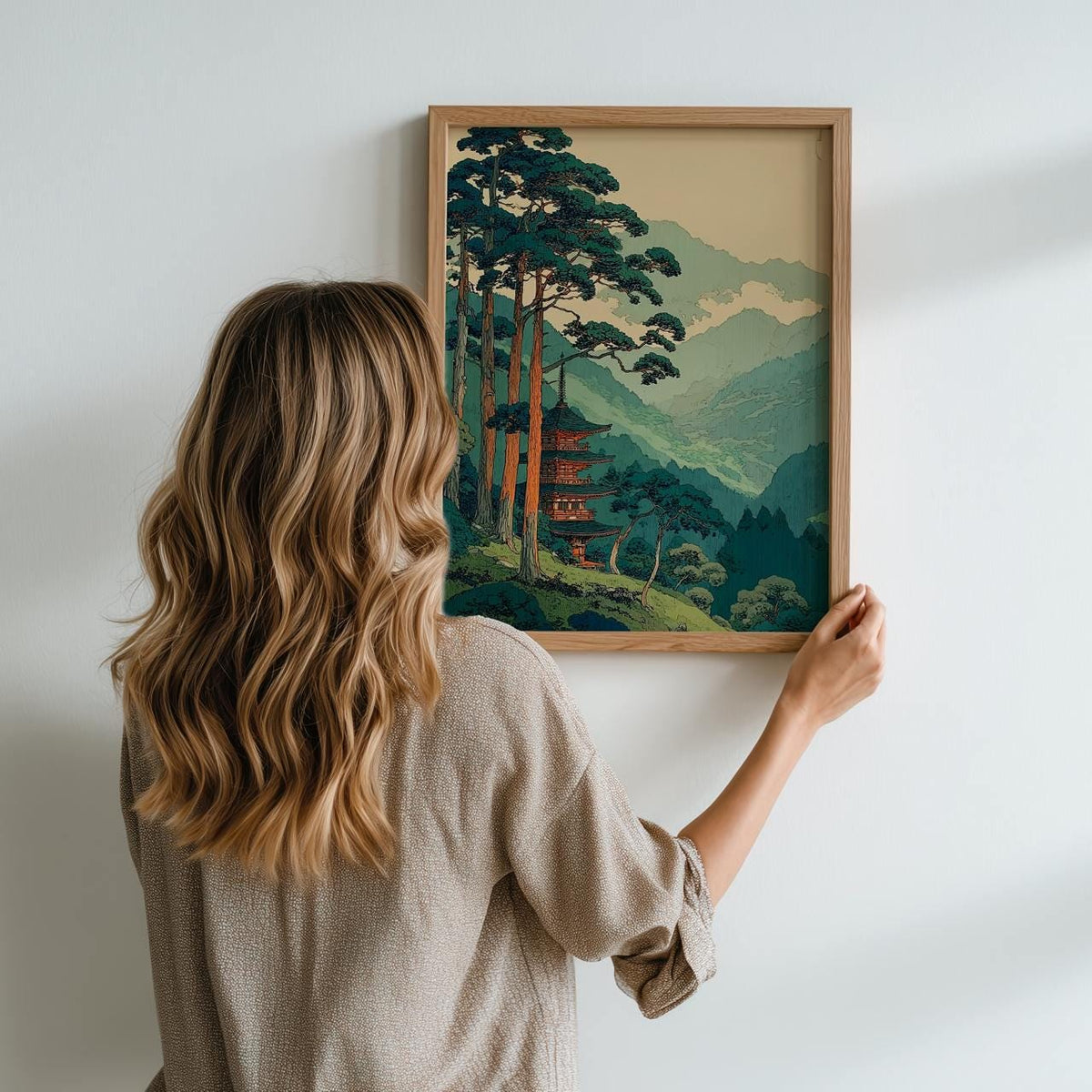 Vintage Japanese Forest Poster, Tranquil Mountain Landscape Wall Art, Retro Tree Print, Serene Minimalist Home Decor, AR