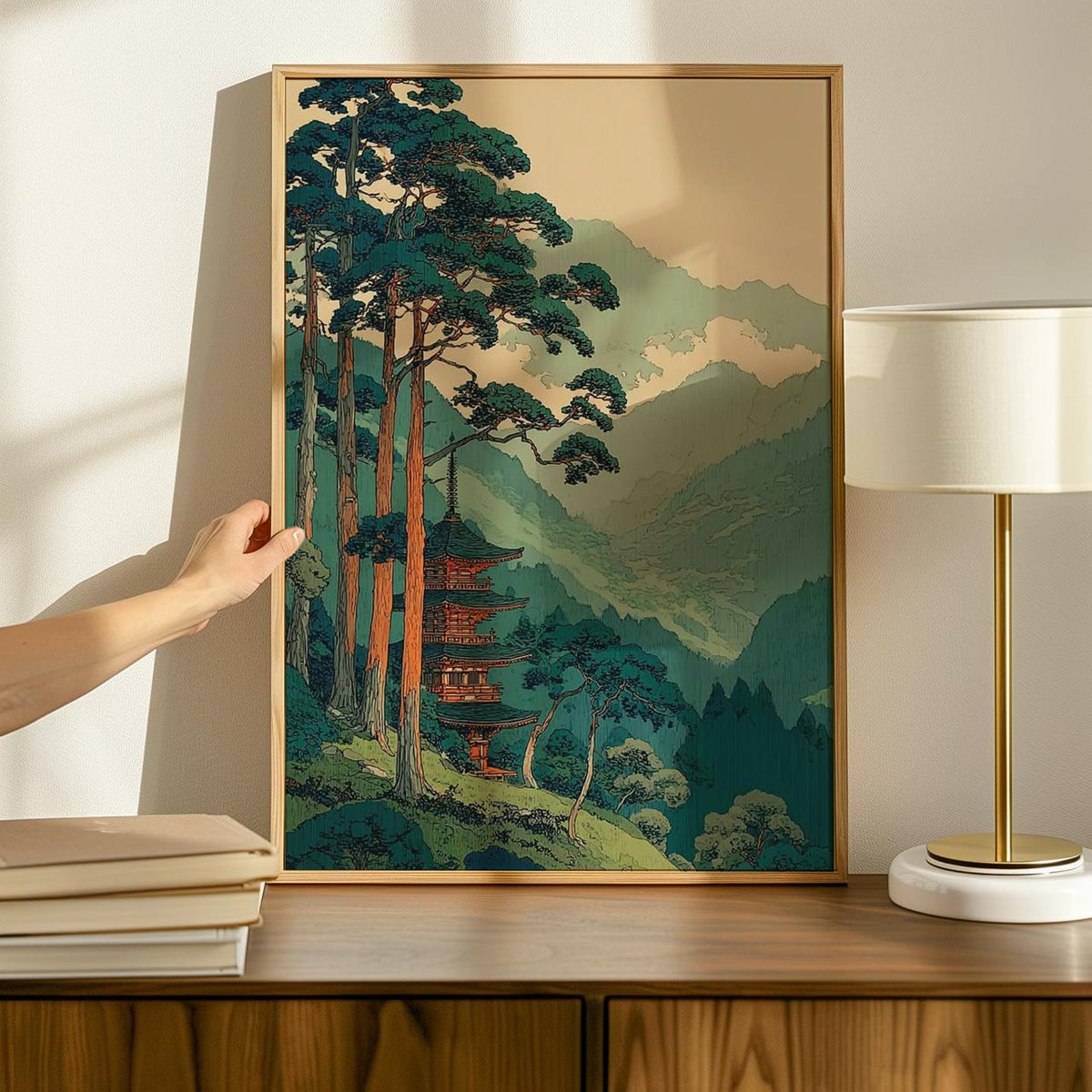 Vintage Japanese Forest Poster, Tranquil Mountain Landscape Wall Art, Retro Tree Print, Serene Minimalist Home Decor, AR