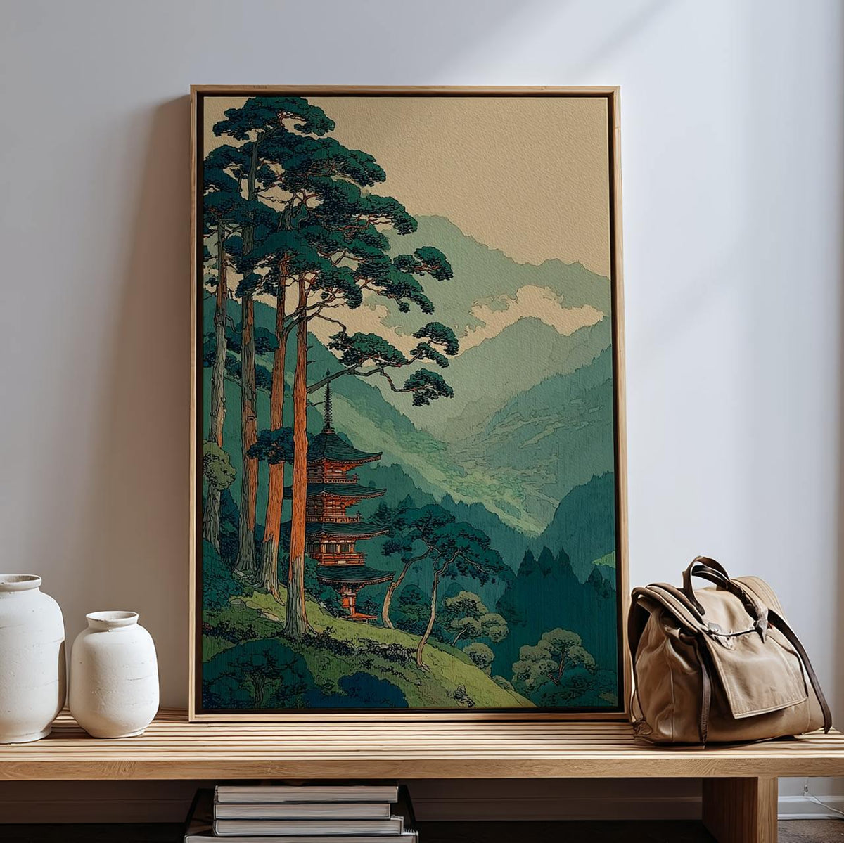 Vintage Japanese Forest Poster, Tranquil Mountain Landscape Wall Art, Retro Tree Print, Serene Minimalist Home Decor, AR