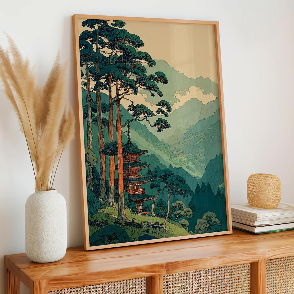 Vintage Japanese Forest Poster, Tranquil Mountain Landscape Wall Art, Retro Tree Print, Serene Minimalist Home Decor, AR