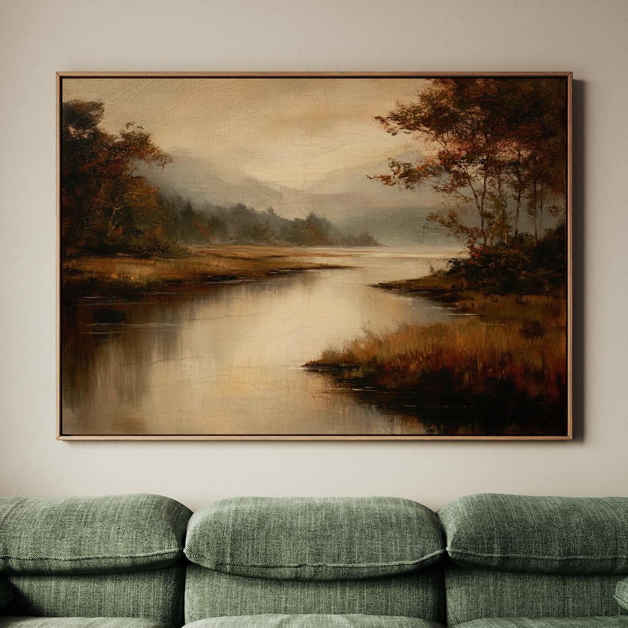 Moody Fall Lake Landscape Print, Vintage Autumn Oil Painting Wall Art, Modern Cottage Fall Decor for Living Room, ART283