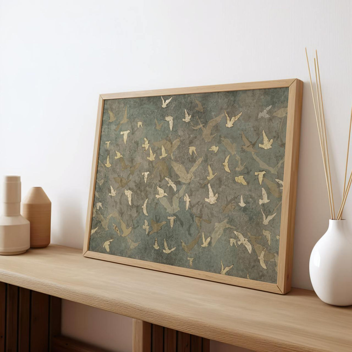Framed Flock Of Birds Canvas Print, Oversized Minimalist Silhouette Wall Art, Neutral Boho Nature Decor Living Room, ART