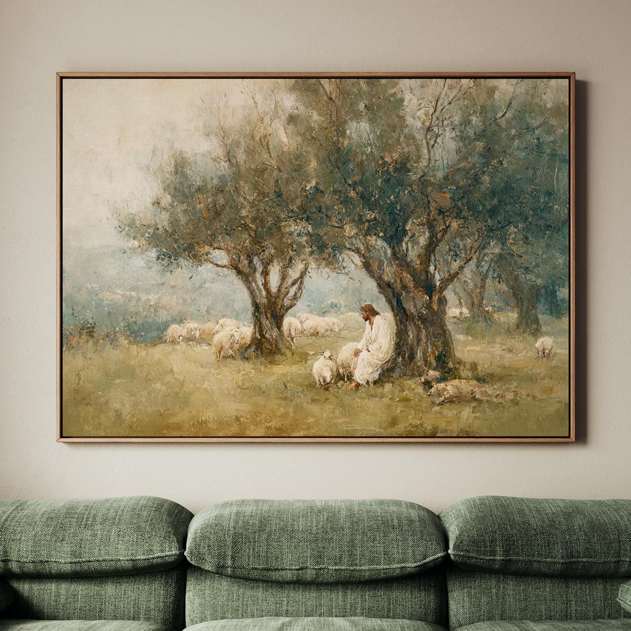The Lord is My Shepherd Christian Wall Art, Jesus Leaves the 99, Neutral Jesus and Sheep Oil Painting, Modern Faith Deco