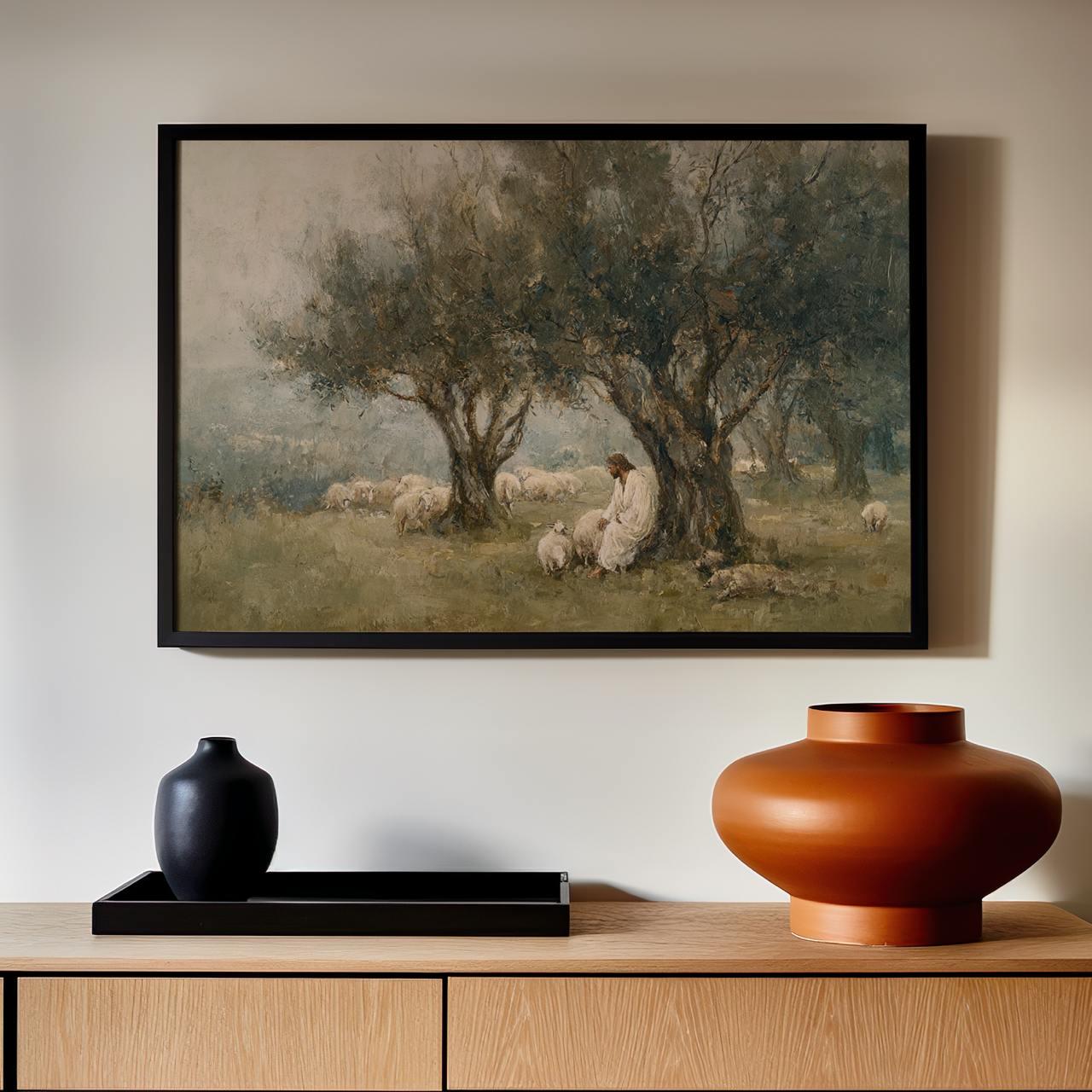 The Lord is My Shepherd Christian Wall Art, Jesus Leaves the 99, Neutral Jesus and Sheep Oil Painting, Modern Faith Deco