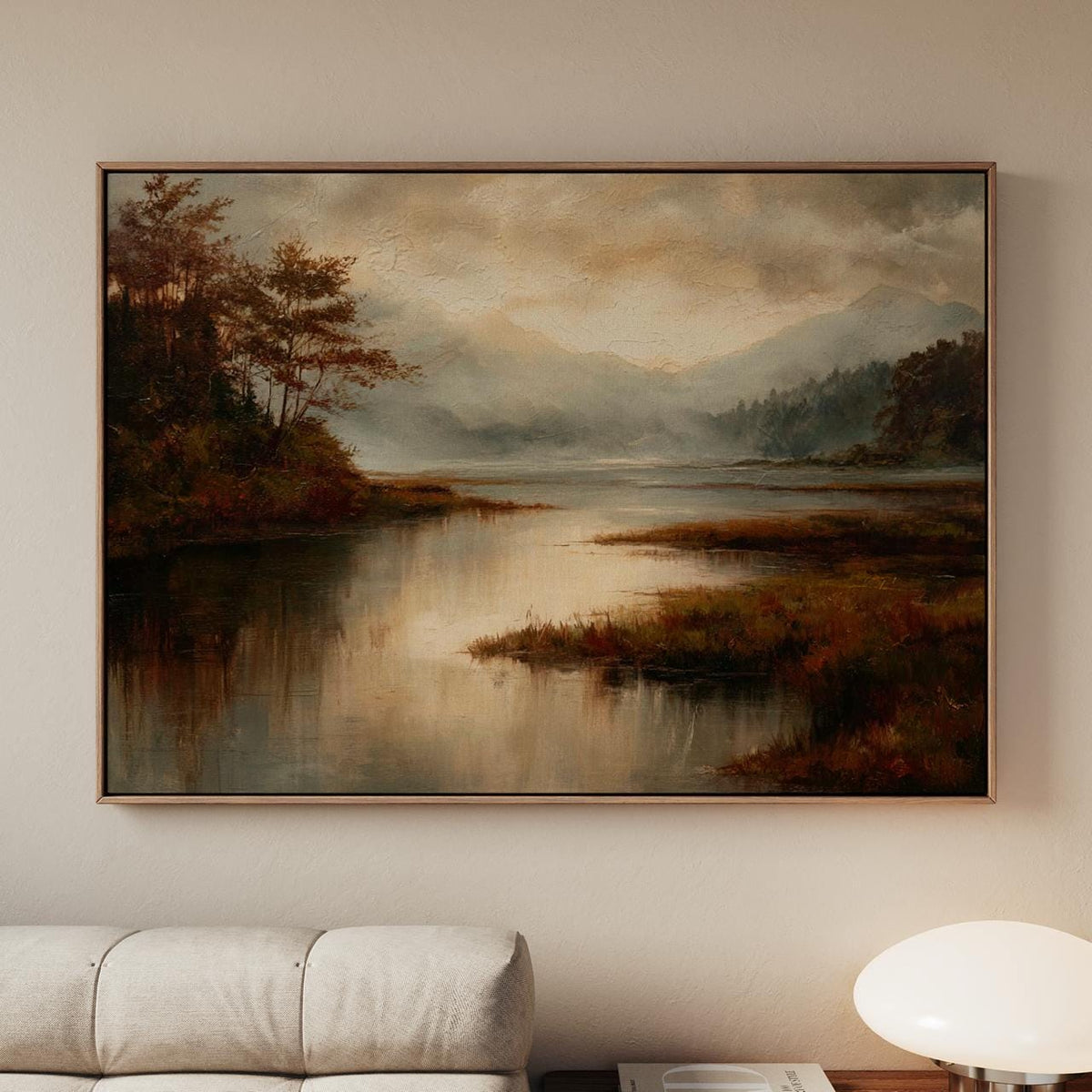 Modern Cottage Fall Wall Art, Moody Lake Autumn Print, Vintage Oil Painting, Textured Fine Art for Living Room, ART283