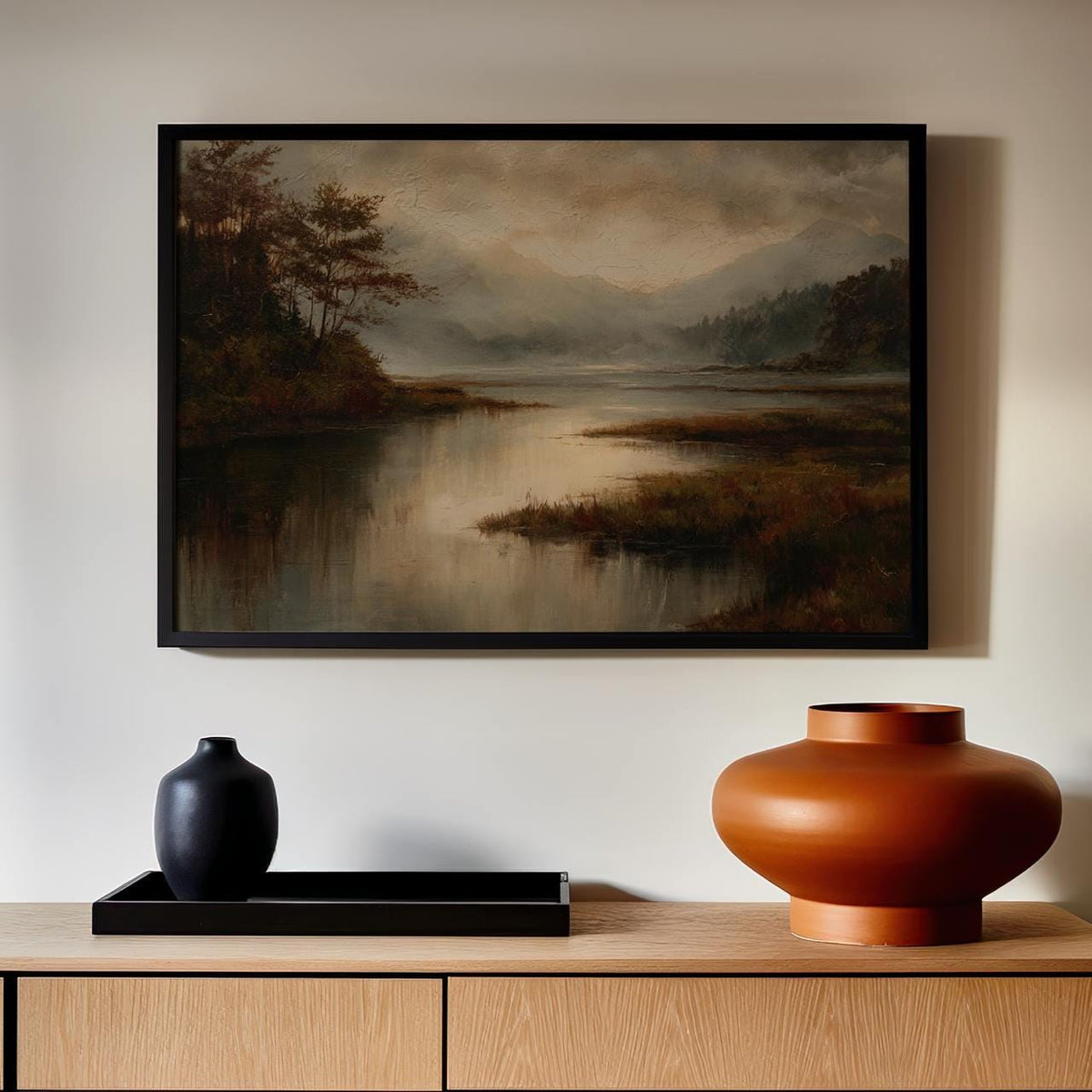 Modern Cottage Fall Wall Art, Moody Lake Autumn Print, Vintage Oil Painting, Textured Fine Art for Living Room, ART283