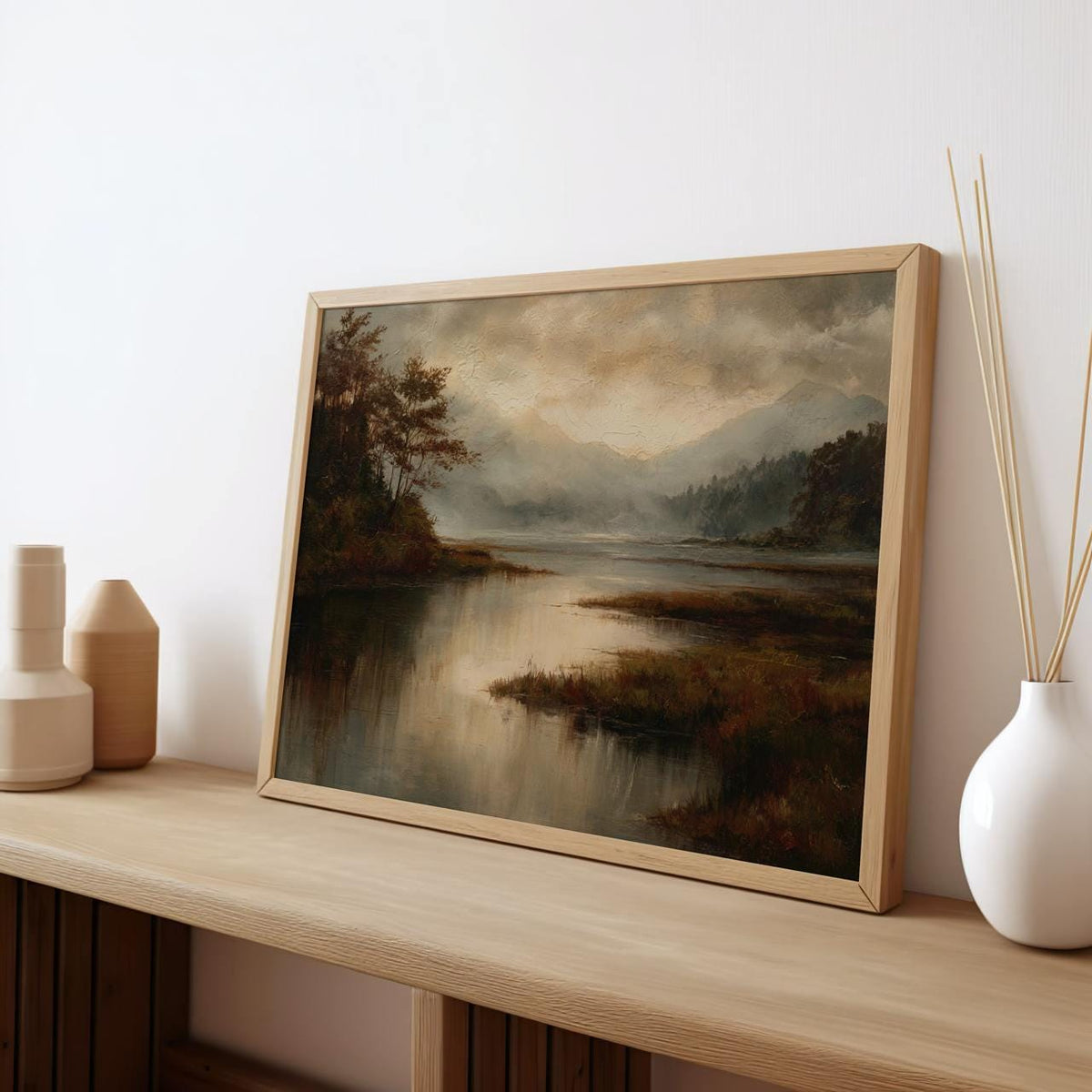 Modern Cottage Fall Wall Art, Moody Lake Autumn Print, Vintage Oil Painting, Textured Fine Art for Living Room, ART283