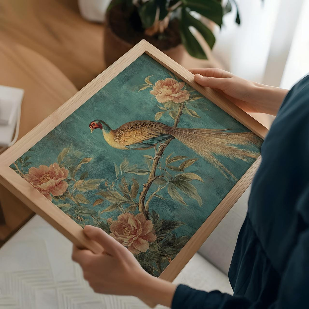 William Morris Botanical Peacock Tapestry, Retro Blue Bird Wall Art, Vintage Textile Decor, ART58